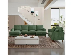 Grande sofá de canto panorâmico - 4 lugares - chaise longue 109cm - de veludo cotelê - 269x140x86 - Verde