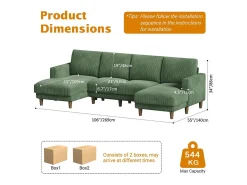 Grande sofá de canto panorâmico - 4 lugares - chaise longue 109cm - de veludo cotelê - 269x140x86 - Verde
