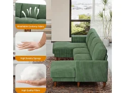Grande sofá de canto panorâmico - 4 lugares - chaise longue 109cm - de veludo cotelê - 269x140x86 - Verde