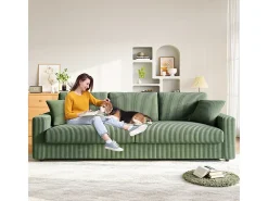 Grande sofá em veludo canelado com 2 almofadas - Verde - 256 x 89 x 88 cm