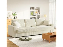 Grande sofá em veludo canelado com 2 almofadas - Bege - 256 x 89 x 88 cm