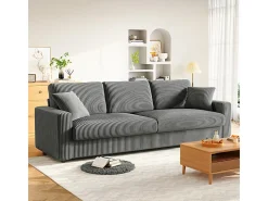 Grande sofá em veludo canelado com 2 almofadas - Cinza - 256 x 89 x 88 cm