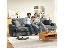 Grande sofá em veludo canelado com 2 almofadas - Cinza - 256 x 89 x 88 cm