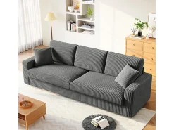 Grande sofá em veludo canelado com 2 almofadas - Cinza - 256 x 89 x 88 cm