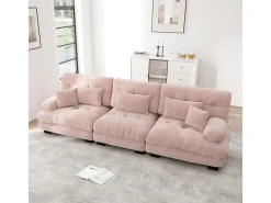 Grande sofá rosa - 3 lugares - com 5 almofadas - estrutura madeira maciça - Pelúcia - 313x77x81cm