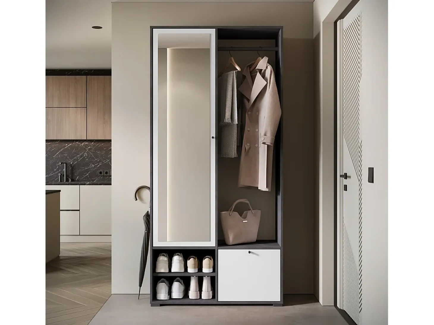 Guarda roupa moderna 90 cm roupeiro de entrada com espelho prateleiras e varão mate matera branco