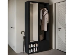 Guarda roupa moderna 90 cm roupeiro de entrada com espelho prateleiras e varão mate grafite preto
