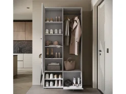 Guarda roupa moderna 90 cm roupeiro de entrada com espelho prateleiras e varão mate branco