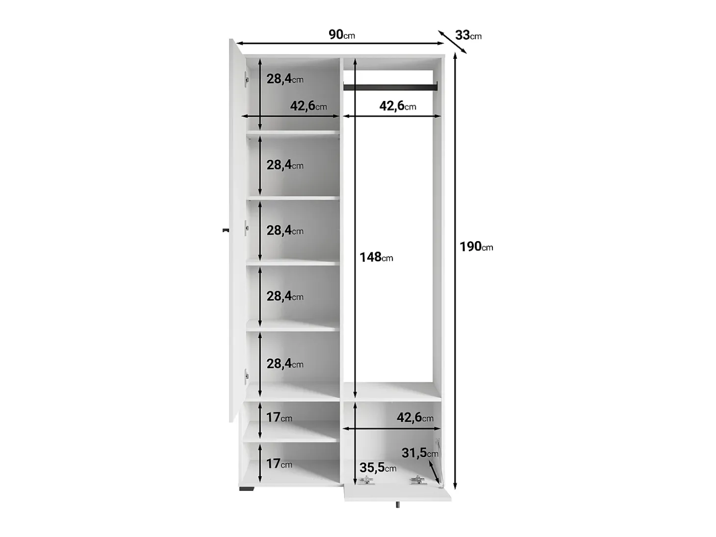 Guarda roupa moderna 90 cm roupeiro de entrada com espelho prateleiras e varão mate cinzento pallad