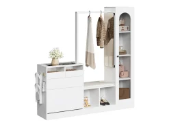 Guarda-roupa 6 em 1 - 163 x 35 x 161 cm - espelho + banco e sapateira + vitrina + LEDs - aglomerado - branco