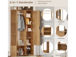 Guarda-roupa 6 em 1 - 100 x 33 x 190 cm - com espelho + cabideiro + 2 portas - aglomerado - natural