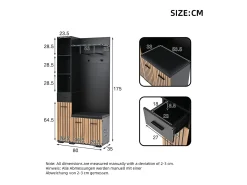 Guarda-roupa com 2 ganchos - 80 x 35 x 175 cm - com banco para sapatos + armário + 1 gaveta - aglomerado - preto