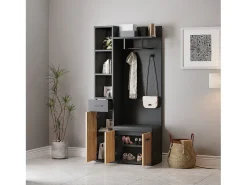 Guarda-roupa com 2 ganchos - 80 x 35 x 175 cm - com banco para sapatos + armário + 1 gaveta - aglomerado - preto