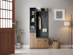 Guarda-roupa com 2 ganchos - 80 x 35 x 175 cm - com banco para sapatos + armário + 1 gaveta - aglomerado - preto