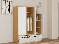 Guarda-roupa com 3 portas, barra pendurados e 2 compartimentos branco e natural - NYVELA