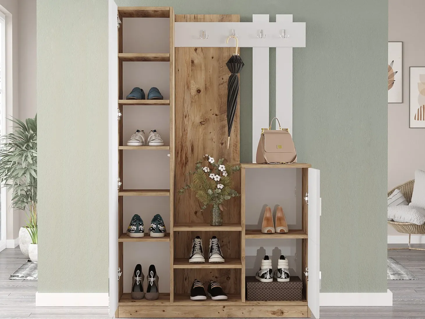 Guarda-roupa com 3 portas e 1 espelho - Branco e natural - MIROTA