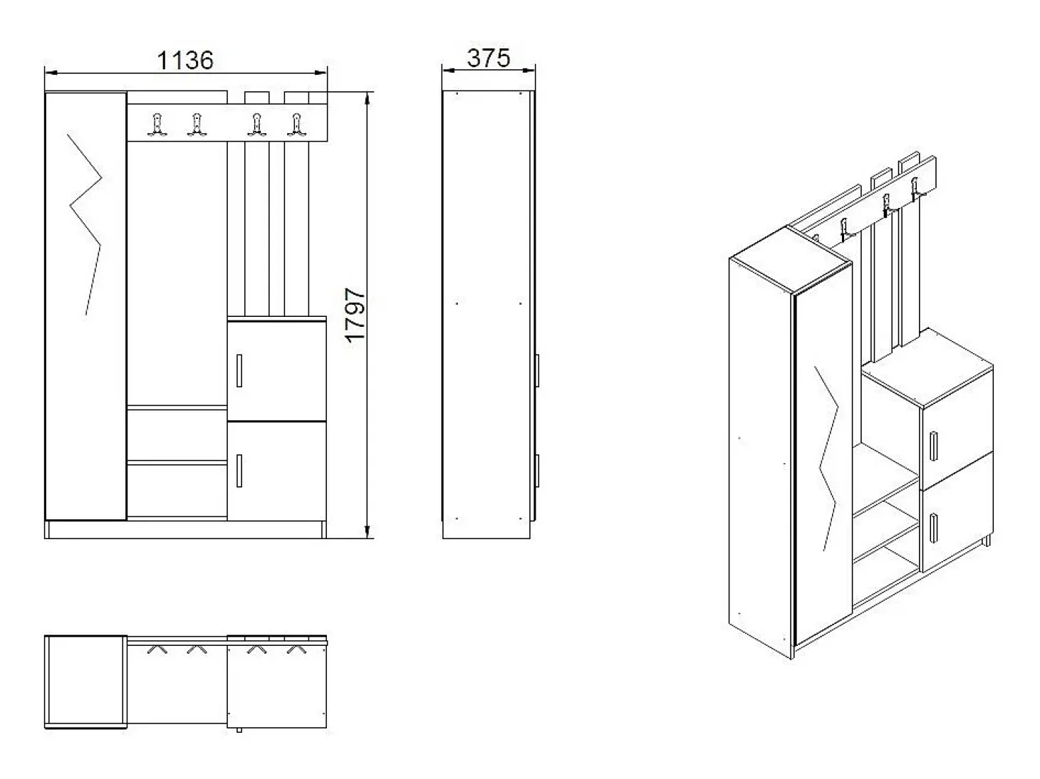 Guarda-roupa com 3 portas e 1 espelho - Branco e natural - MIROTA