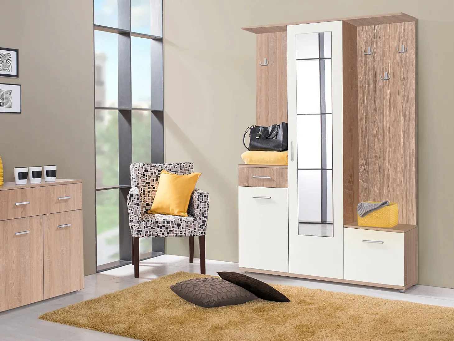 Guarda-roupa com espaços de arrumação e 1 espelho natural e branco - CAMOLA