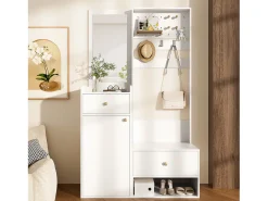 Guarda-roupa com espelho - 105 x 38 x 180 cm - com ganchos + 2 gavetas + 1 porta - aglomerado - branco