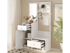 Guarda-roupa com espelho - 105 x 38 x 180 cm - com ganchos + 2 gavetas + 1 porta - aglomerado - branco