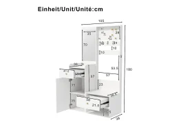 Guarda-roupa com espelho - 105 x 38 x 180 cm - com ganchos + 2 gavetas + 1 porta - aglomerado - branco