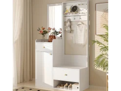Guarda-roupa com espelho - 105 x 38 x 180 cm - com ganchos + 2 gavetas + 1 porta - aglomerado - branco