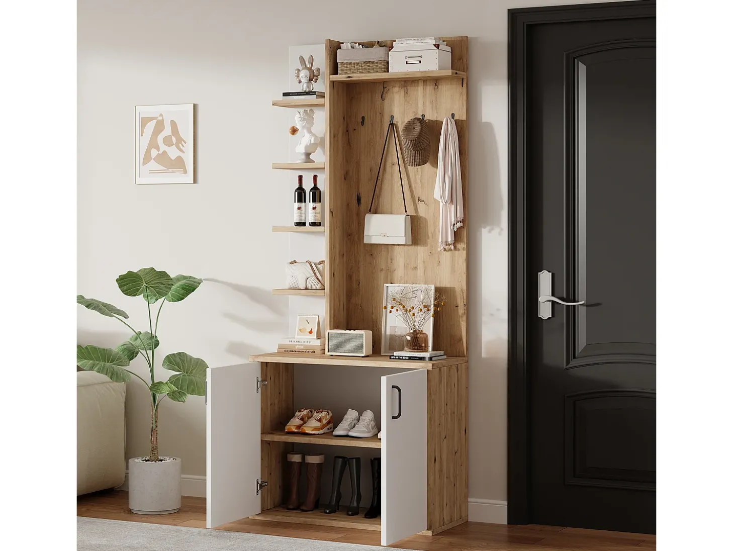 Guarda-roupa de entrada 75×33×180 cm - com cabides e organizador de sapatos - 5 compartimentos - 2 portas - natural + branco