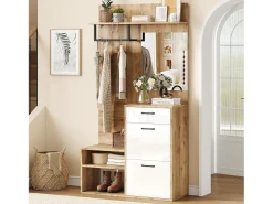 Guarda-roupa de entrada 100×38,5×190 cm - com espelho e organizador de sapatos - com 1 gaveta e 2 compartimentos - branco + natural