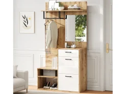 Guarda-roupa de entrada 100×38,5×190 cm - com espelho e organizador de sapatos - com 1 gaveta e 2 compartimentos - branco + natural