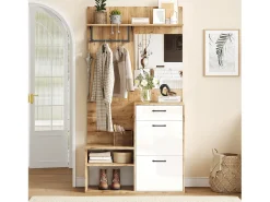 Guarda-roupa de entrada 100×38,5×190 cm - com espelho e organizador de sapatos - com 1 gaveta e 2 compartimentos - branco + natural