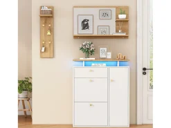 Guarda-roupa de entrada de 3 peças - 105 x 25 x 151,5 cm - com espelho + prateleira de parede + sapateira - aglomerado - branco