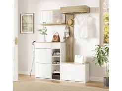 Guarda-roupa de parede de 4 peças - com sapateira + banco + espelho de parede + cabideiro + gavetas - aglomerado - branco