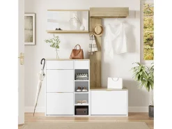 Guarda-roupa de parede de 4 peças - com sapateira + banco + espelho de parede + cabideiro + gavetas - aglomerado - branco
