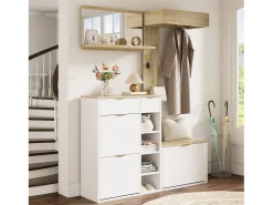 Guarda-roupa de parede de 4 peças - com sapateira + banco + espelho de parede + cabideiro + gavetas - aglomerado - branco