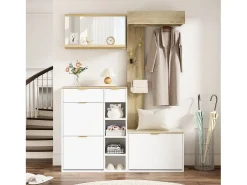 Guarda-roupa de parede de 4 peças - com sapateira + banco + espelho de parede + cabideiro + gavetas - aglomerado - branco