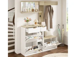 Guarda-roupa de parede de 4 peças - com sapateira + banco + espelho de parede + cabideiro + gavetas - aglomerado - branco