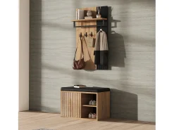 Guarda-roupa de sala - sapateira + painel com 8 ganchos - 70 x 36 x 146 cm - preto e natural
