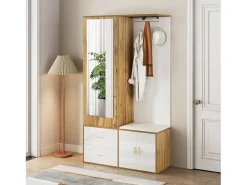 Guarda-roupa 100x38x108.1 cm - Com espelho - Com sapateiro - Com ganchos e cabides retráteis - Branco + Natural