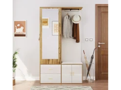 Guarda-roupa 100x38x108.1 cm - Com espelho - Com sapateiro - Com ganchos e cabides retráteis - Branco + Natural