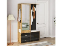 Guarda-roupa 100x38x108.1 cm - Com espelho - Com sapateiro - Com ganchos e cabides retráteis - Preto + Natural