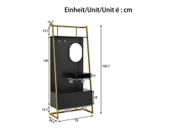 Guarda-roupa/armário de armazenamento com espelho + sapateira - ganchos de metal - 78 x 38,5 x 180,5 cm - MDF - preto