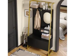 Guarda-roupa/armário de armazenamento com espelho + sapateira - ganchos de metal - 78 x 38,5 x 180,5 cm - MDF - preto