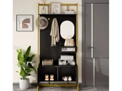 Guarda-roupa/armário de armazenamento com espelho + sapateira - ganchos de metal - 78 x 38,5 x 180,5 cm - MDF - preto