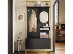 Guarda-roupa/armário de armazenamento com espelho + sapateira - ganchos de metal - 78 x 38,5 x 180,5 cm - MDF - preto