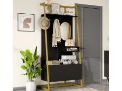 Guarda-roupa/armário de armazenamento com espelho + sapateira - ganchos de metal - 78 x 38,5 x 180,5 cm - MDF - preto