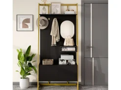 Guarda-roupa/armário de armazenamento com espelho + sapateira - ganchos de metal - 78 x 38,5 x 180,5 cm - MDF - preto