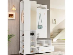 Guarda-roupa/cabideiro - 120 x 35 x 190 cm - com banco para sapatos + 3 ganchos + espelho + gavetas - aglomerado - branco