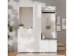 Guarda-roupa/cabideiro - 150 x 36 x 180 cm - com banco para sapatos + armário + espelho + gavetas - aglomerado - branco