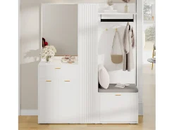 Guarda-roupa/cabideiro - 150 x 36 x 180 cm - com banco para sapatos + armário + espelho + gavetas - aglomerado - branco