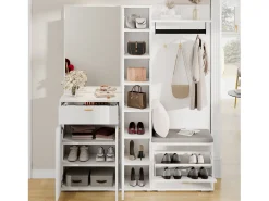 Guarda-roupa/cabideiro - 150 x 36 x 180 cm - com banco para sapatos + armário + espelho + gavetas - aglomerado - branco